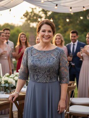 💜 Gray Lace Mother of the Bride Maxi Dress – Size S – Elegant Formal Gown 💜